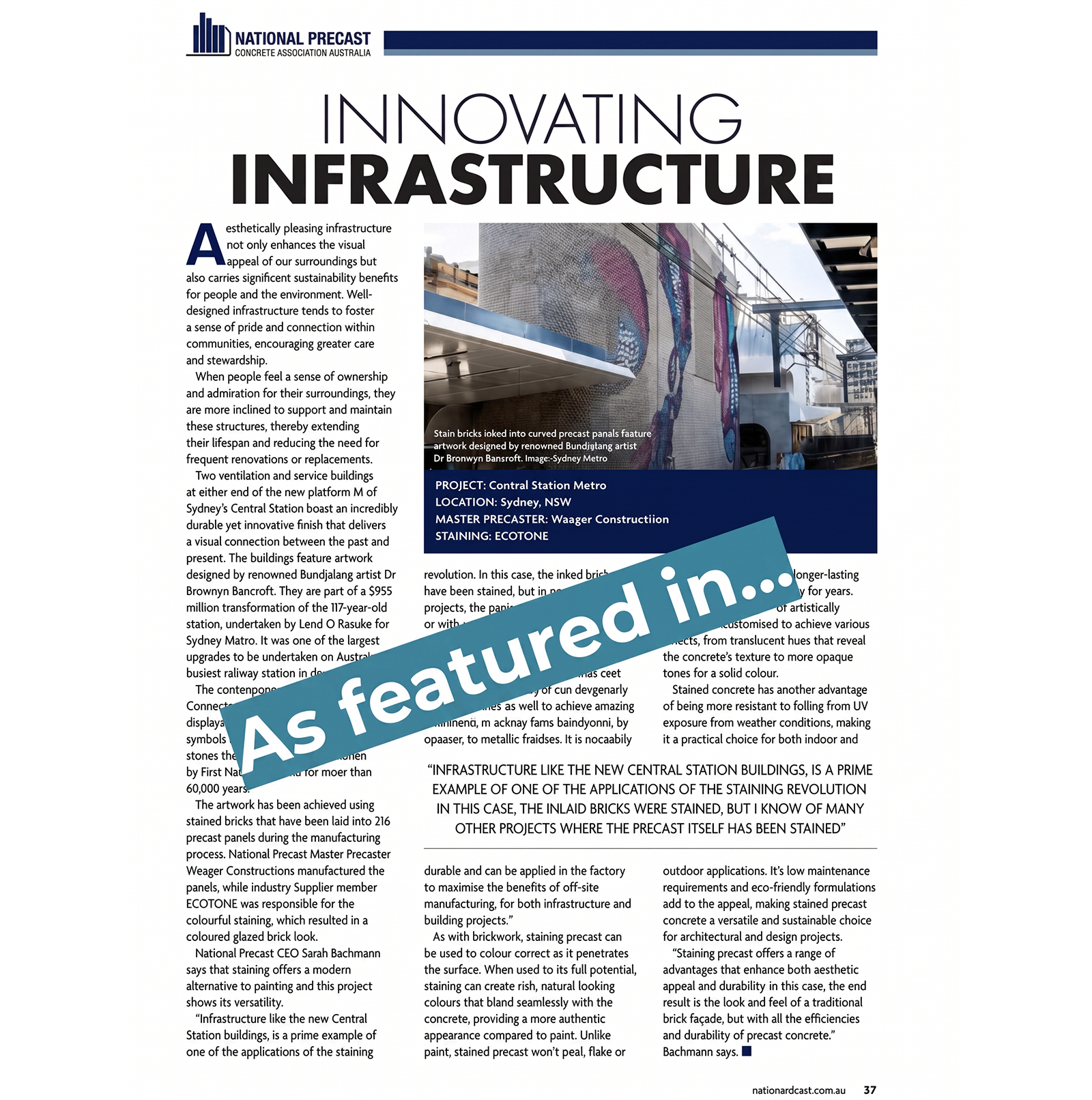 Ecotone's staining revolution at Sydney Metro Central Station as featured in Roads and Infrastructure Magazine - Ecotone