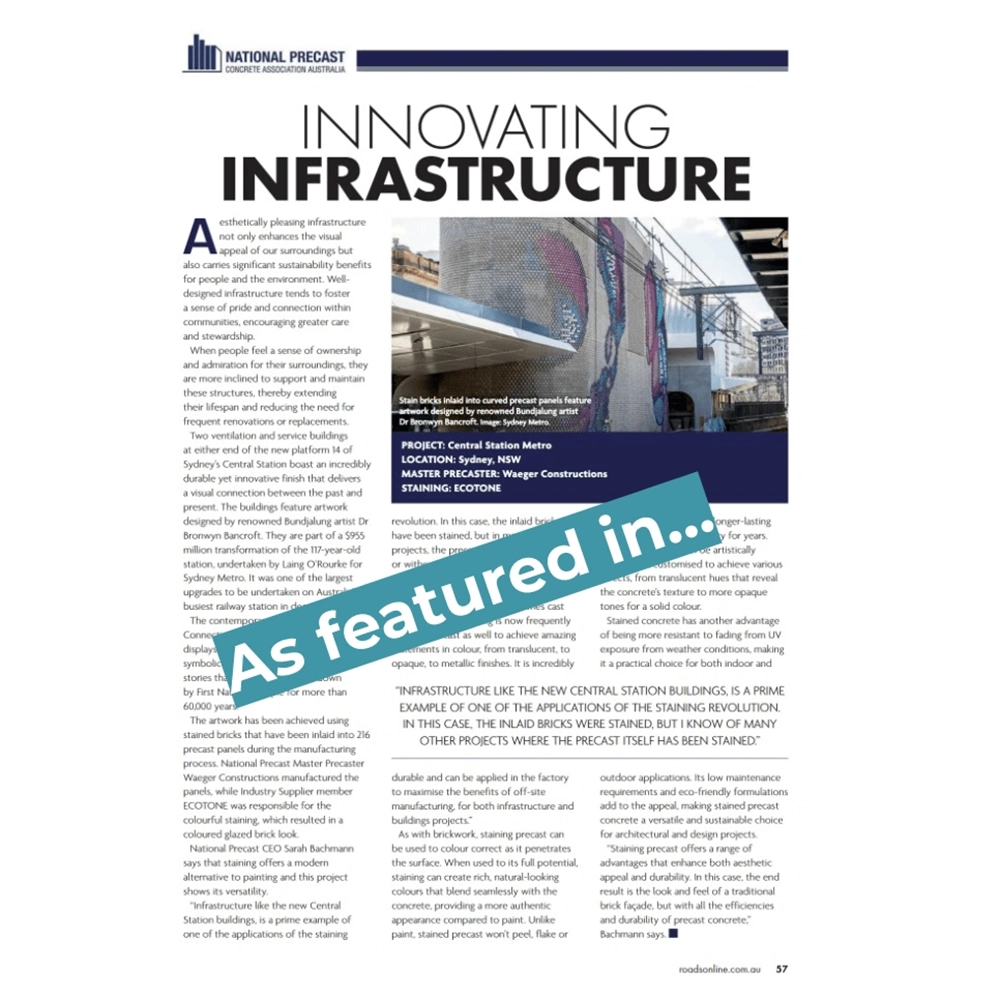 Ecotone's staining revolution at Sydney Metro Central Station as featured in Roads and Infrastructure Magazine - Ecotone