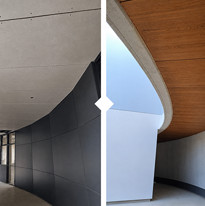 Before/After photo of the cladding on grey compressed fibre cement.